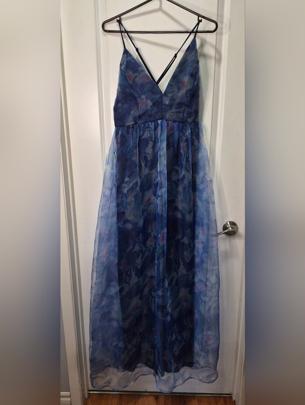 Lulus Blue Floral Watercolor Maxi Dress NWT Open Back Formal Gown Size L